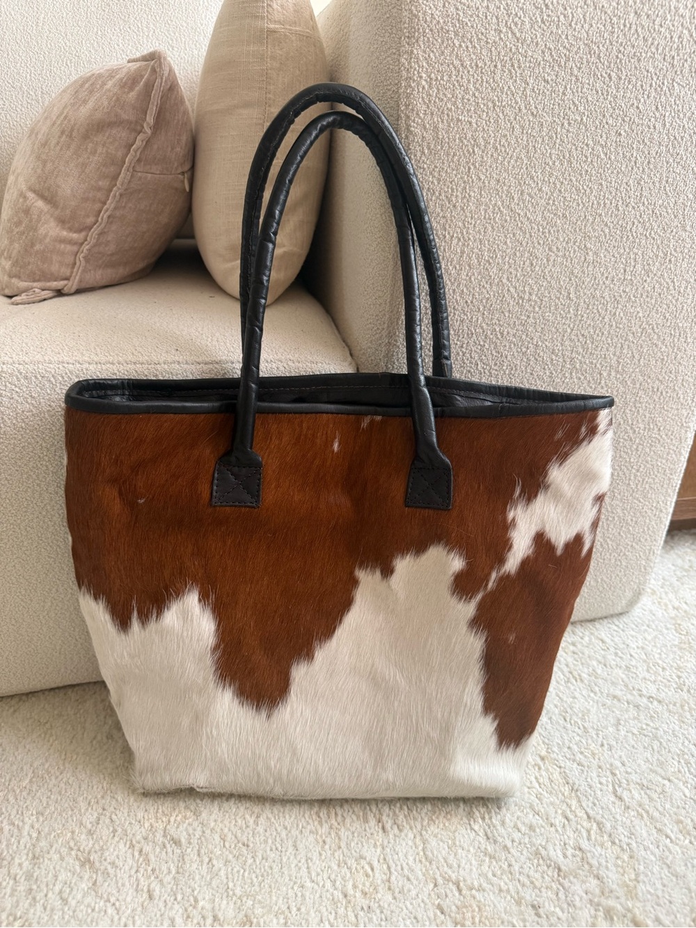 Cowhide Tote Bag with Black Trim - Brown & White